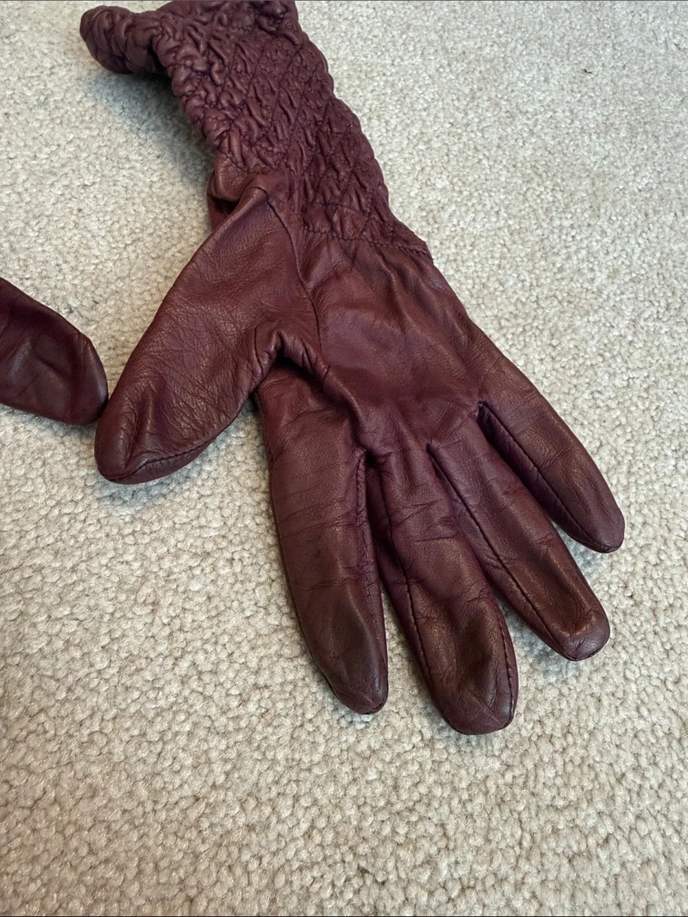 VTG Leather Gloves Long Womens Medium Fancy Ruching Silk Lined Purple Red